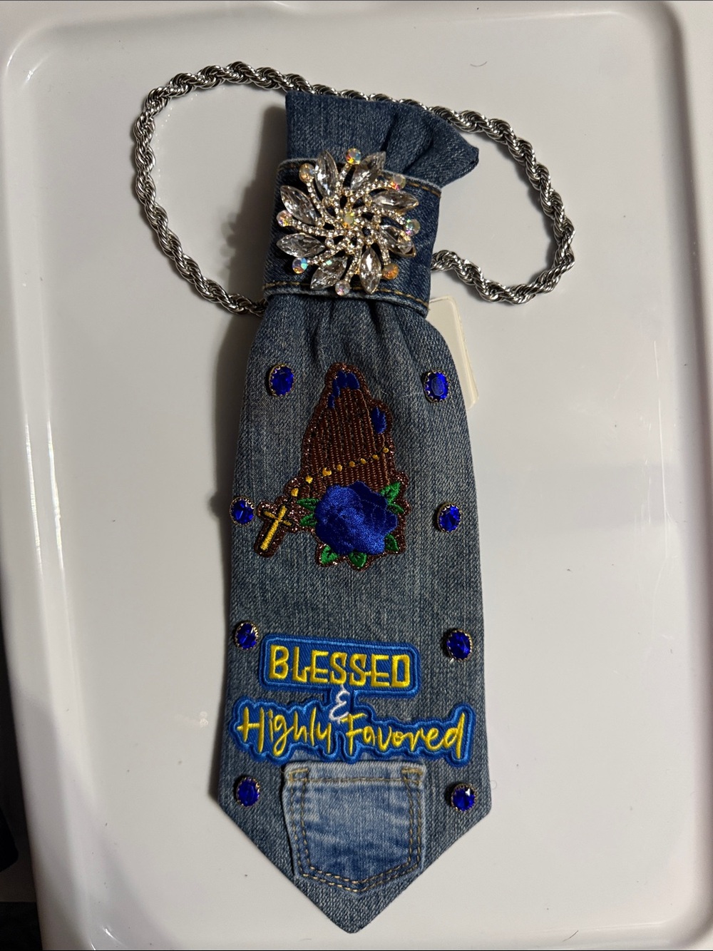 Embellished Denim Statement Necklace Tie - 'Blessed & Highly Favored'